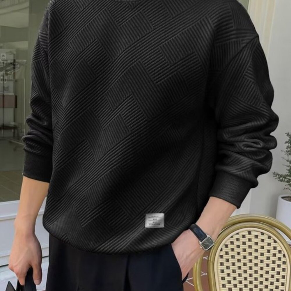 Men Men's Crewneck Sweat Soild Color Geometric Texture Long Sleeve Casual Shirt